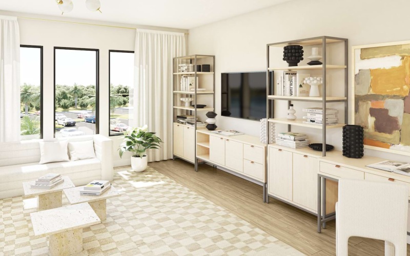 Spacious living room lots of natural light, wood style flooring, and modern decor.